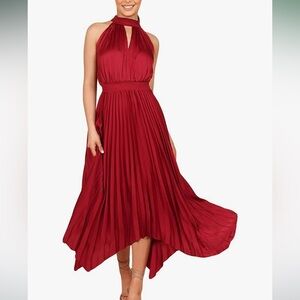 NWT pretty garden burgundy halter top high low pleated midi cocktail dress .L.
